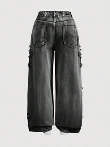 SHEIN CURVE+ 大码休闲水洗磨边阔腿牛仔裤 - 黑色 - 查看 2