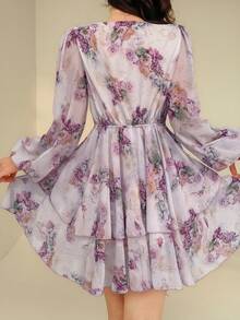 DAZY 法式粉色碎花V领长袖连衣裙，系带雪纺A字迷你裙，春季吊带裙 - 杏色 - 查看 4