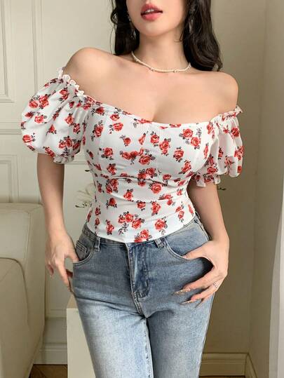 Celisse Blusa ajustada con mangas abullonadas, volantes y estampado floral elegante francés de verano para mujer