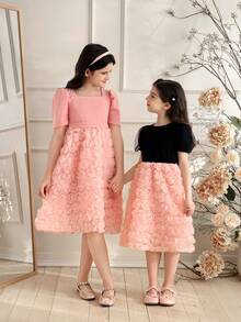Glamorique Kids 1件女童甜美公主风珍珠装饰方领蝴蝶结腰部泡泡袖玫瑰连衣裙，夏季派对连衣裙 - 粉色 - 查看 5