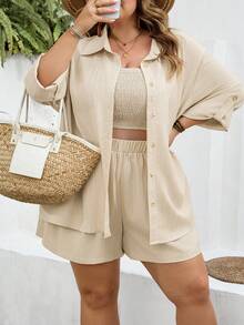 SHEIN CURVE+ Curve 尺码 US22 音乐节、海滨度假、波西米亚风女士休闲度假开衫、无肩带短裤、衬衫三件套、沙滩度假三件套 - 卡其色 - 查看 4