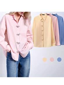 Maija Women's Romantic Elegant Bow Tie Rhinestone Decor Pink Button Up Shirt,Graduation, Holidays - Pink - View 9