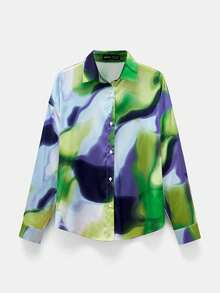 Maija 女士时尚百搭扎染印花缎面单排扣翻领长袖衬衫，春季 - 彩色 - 查看 8