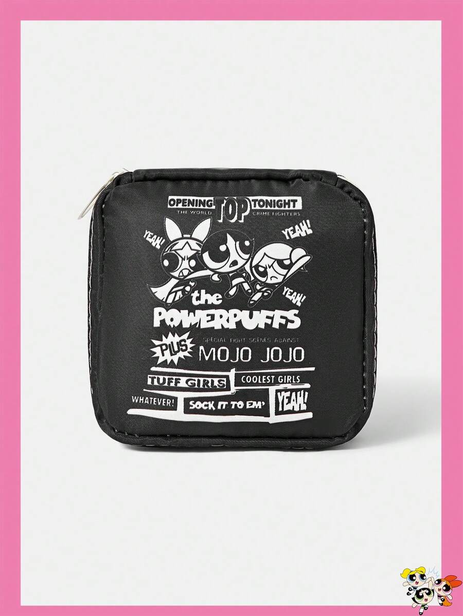 THE POWERPUFF GIRLS X SHEIN 1个印花洗漱包，旅行收纳化妆包，可装旅行必需品和化妆品 - 黑色 - 查看 1