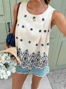 Serisse Áo nữ dáng rộng xếp ly in hoa, không tay, phong cách nghỉ hè, áo kiểu bohemian cổ tròn không tay dáng rộng cho kỳ nghỉ hè. - Màu be - Xem 8