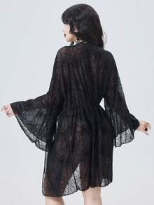 ROMWE Goth 2026 最新款黑色蜘蛛网纹理面料超大袖子，抽绳腰带设计，夏季沙滩泳池派对哥特风女式泳衣罩衫 - 黑色 - 查看 2