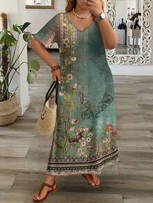 Mellowie Casual Retro Elegant Floral Print Plus Size Women's Minimalist V-Neck Short Sleeve Maxi Dress, Suitable For Summer Spring - Multicolor - View 6