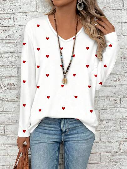 EMERY ROSE Plusstorlek Dam V-ringad hjärtmönster Casual lös långärmad T-shirt