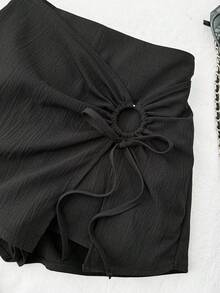 SHEIN Pantalón corto de falda de niña preadolescente de unicolor con textura tejida, informal para primavera/verano - Negro - Ver 4