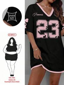 SHEIN CURVE+ 大码女式休闲简约粉色蝴蝶结装饰网纱V领迷你连衣裙，适合外出和返校穿着，时尚返校连衣裙/2026/新年 - 黑色 - 查看 1