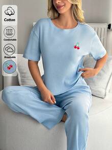 SHEIN Rib Knit With Cheery Embroidery Detail Homewear Comfort Lounge Set - Blue - View 1