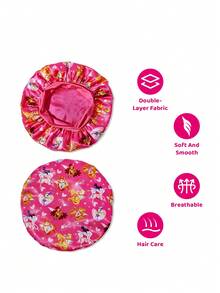 The Winx X SHEIN Mũ trùm đầu chăm sóc tóc hai lớp màu hồng hoa hồng dành cho nữ, mũ ngủ bằng vải satin co giãn rộng, in hình hoạt hình, mềm mại và thoải mái, phù hợp để đội hàng ngày ở nhà và khi ngủ. - Màu Hồng Tươi - Xem 5