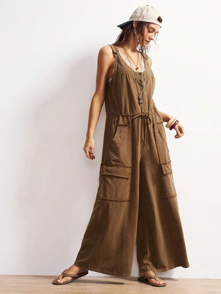 Bohemela Boho Winter / Spring / Summer Casual Vintage Washed Jumpsuit, Suitable For Beach Vacation, Daily Wear, Back To School, Outings, Parties, New Year, Valentine's Day, Carnival, Music Festivals, And More Occasions. - Khaki - View 3