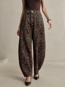 Anewsta 现代设计数码印花休闲弯腰咖啡色牛仔裤，高腰宽松显瘦直筒裤，女士春秋新款 - 咖啡棕 - 查看 5