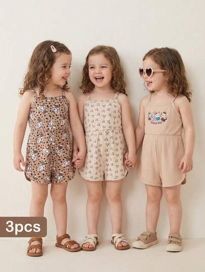 SHEIN 3pcs Baby Girls' Comfortable Casual Suspender Cartoon Print Earthy Tone Heart Print Romper, Stretchy Ribbed Knit Fabric, Soft & Skin-Friendly, Suitable For Daily & Home Wear, Spring