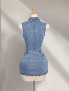 Elamini Women's Summer Fashion Washed Button Half-Placket Bodycon Denim Dress - Light Wash - View 2