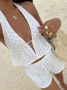 Sunnyshic White Polka Dot Print Backless Tie-Up Camisole And Low-Waist Shorts Set, Women's Spring/Summer Vacation Beach Casual Elegant Party Minimalist Versatile - White - View 3