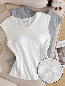 SHEIN 2pcs/Set Teen Girls V-Neck Sleeveless T-Shirts With Built-In Pads, Casual Versatile Daily Wear, White & Gray - Multicolor - View 1