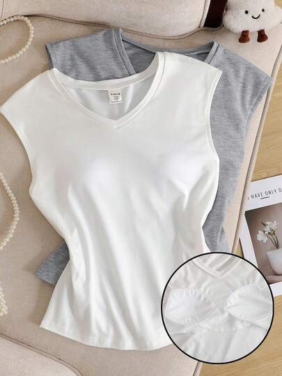 SHEIN 2pcs/Set Teen Girls V-Neck Sleeveless T-Shirts With Built-In Pads, Casual Versatile Daily Wear, White & Gray