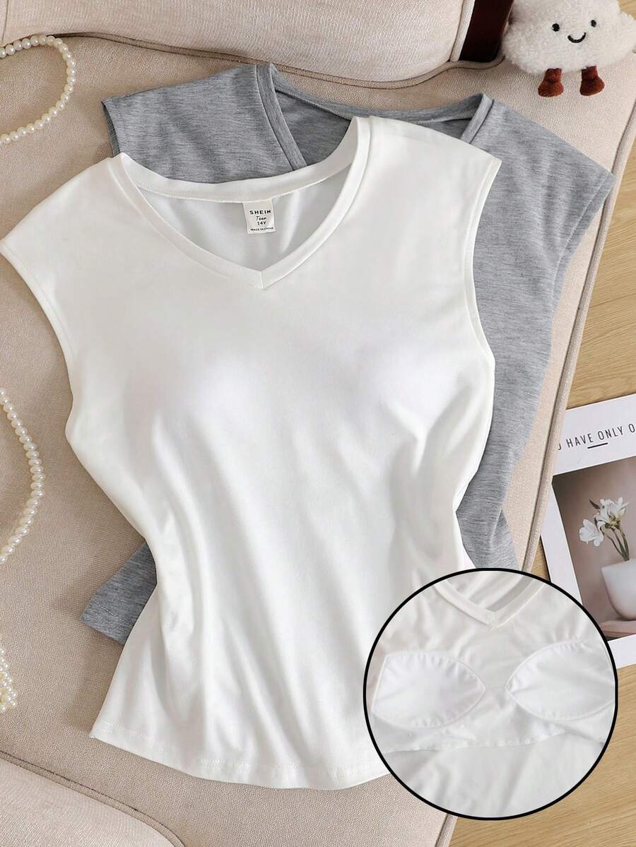 SHEIN 2pcs/Set Teen Girls V-Neck Sleeveless T-Shirts With Built-In Pads, Casual Versatile Daily Wear, White & Gray - Multicolor - View 1