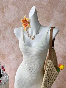 Selianne Hollow Crochet Knit Fitted Sexy Spaghetti Strap Women Sweater Dress, Spring/Summer - Beige - View 5