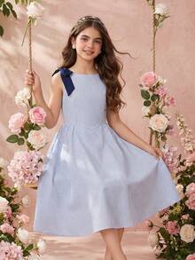 少女休闲优雅可爱时尚度假风条纹连衣裙，适合外出、度假，蝴蝶结装饰，可爱女孩连衣裙 - 彩色 - 查看 3