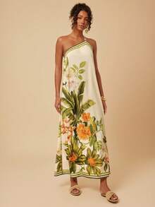 Travachic Women's Tropical Print Asymmetrical Shoulder Vacation Dress - Yellow - View 1