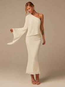 COSMINA 女士不对称肩部长款针织连衣裙，不对称袖亮片针织长裙，休闲波西米亚风连衣裙，米色、杏色、浅黄色、白色 - 杏色 - 查看 6