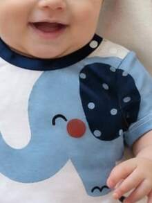 SHEIN 新生儿可爱大象印花短袖T恤和碎花短裤套装，夏季 - 藏蓝色 - 查看 2