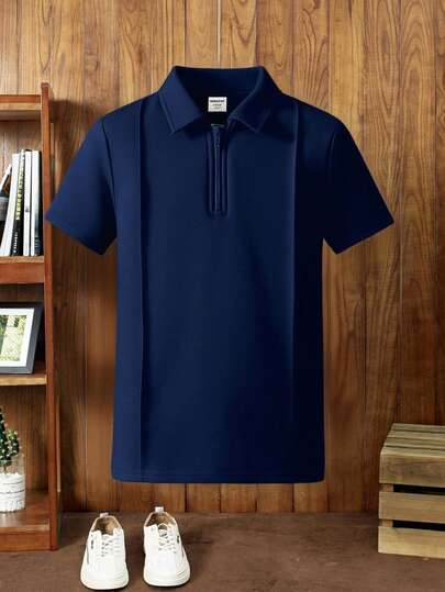 SHEIN Teen Boys' Navy Blue Simple Silhouette Detailed Polo Shirt, Casual, Collegiate, Comfortable, Fashionable, Versatile, Soft Fabric, Suitable For Daily Wear, School, Outings, Back-To-School Season, Holidays, Parties, Summer Beach Vacations, Spring/Summer Boys Golf Shirt Boys Royal Blue Shirt Polo Shirts For Teen Boys Boys Preppy Tops Navy Blue Boys Shirt