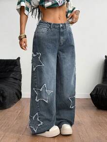 Jeans desgastados con estampado de estrella de estilo atlético y grunge para mujeres - Azul 4 - Ver 6