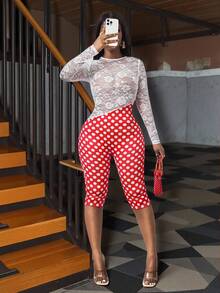 BamGleam Women's Red And White Polka Dot Jumpsuit,Lace Patchwork Sheer Long Sleeve Bodycon Two Piece Set,Chic Outfit For Autumn Party Night,Slim Fit - Multicolor - View 7