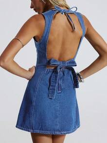 Jeanoix Đầm denim nữ màu trơn, hở lưng, thắt nơ, không tay, kiểu dáng thường ngày. - Rửa nhẹ - Xem 2