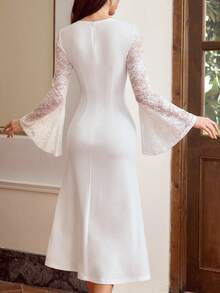 Vintamour Váy hoa trắng thanh lịch phong cách vintage cho nữ, phối ren patchwork, viền bèo nhún, dáng ôm bodycon, trang phục dự tiệc cưới, tiệc cưới, mùa hè, mùa xuân, kỳ nghỉ - trắng - Xem 8