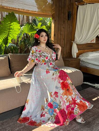 Vibekara Colorful Floral Patchwork Halter Twist Bow Tie Ruffle Sleeve Sweetheart Collar A-Line Dress, French Style Summer Beach Holiday Maxi Dress, Elegant Party Evening Gown