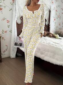 CottageSlumber Conjunto de pijama de manga larga con cuello cuadrado, encaje y estampado floral romántico con botones, estilo Cottage Slumber - Amarillo - Ver 6