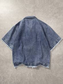 ROMWE MEN Street Life Veste en jean décontractée à manches courtes avec fermeture éclair et bord effiloché de couleur unie pour hommes - Bleu azur - Voir 2