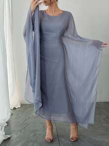 DAZY Women's Round Neck Waist Cinched Extra Long Sleeve Textured Fabric Elegant Dress - Blue - View 3