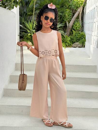 Tween Girl Fashion Vacation Casual Solid Color Round Neck Sleeveless Top With Hem Burn-Out & Straight Leg Pants Set