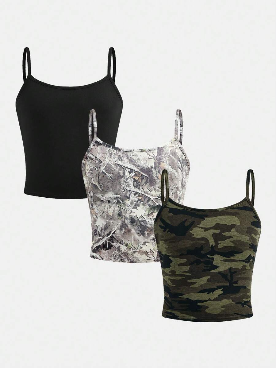 3件套少女印花针织吊带背心，休闲时尚，百搭，适合派对、郊游、与朋友拍照、公园、露营、度假、日常穿着。 - 彩色 - 查看 1