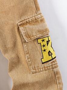 Pantalones cargo de pierna recta y ajuste holgado con pespuntes de contraste para niño - Caqui - Ver 4