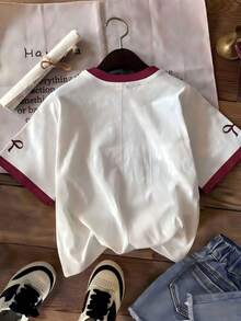 SHEIN CURVE+ Plus Size Casual Street Letter & Cartoon Graphic Short Sleeve T-Shirt, College Style Carnival - Multicolor - View 2