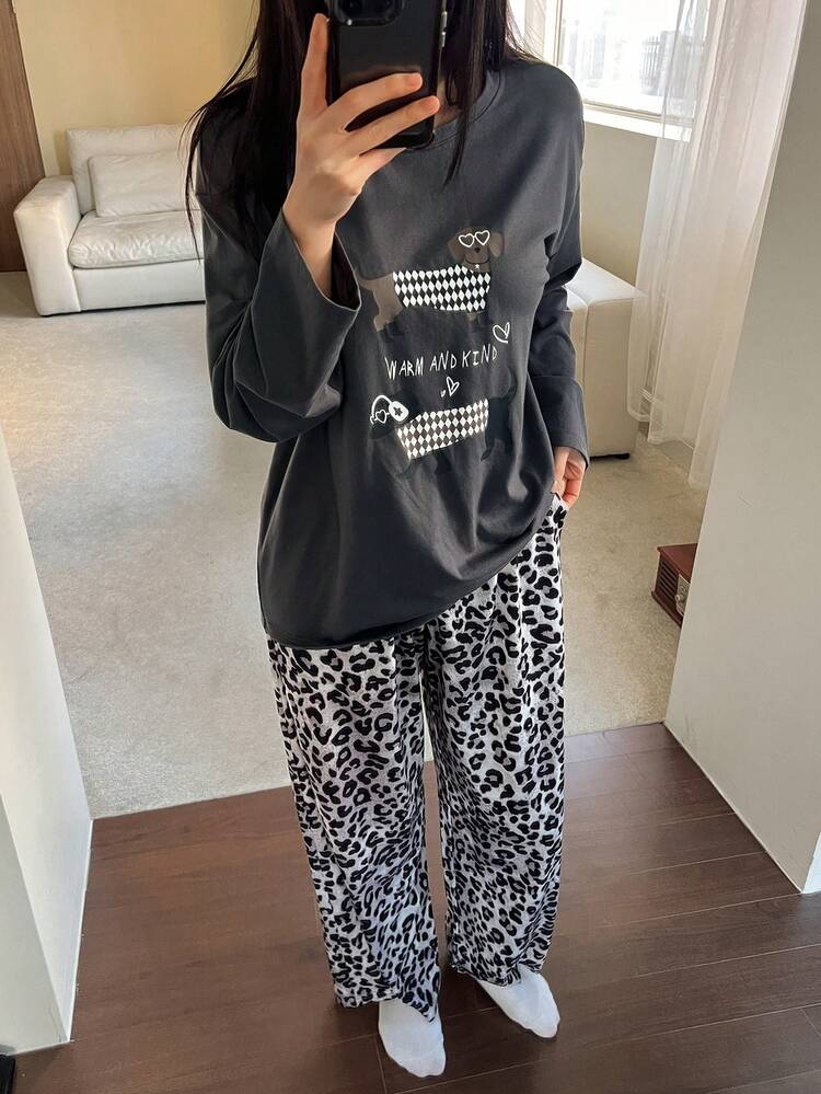 Happy Dog Print Loose T-Shirt Top & Leopard Allover Print Pajama Pants Women Sleepwear Set