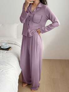DAZY Women's Comfortable Knit Contrast Trim Crop Top And Pants Pajama Set - Mauve Purple - View 6