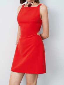 Maija 1pc Women's Solid Color Minimalist Elegant Spaghetti Strap Mini Dress,Festival - Red - View 4