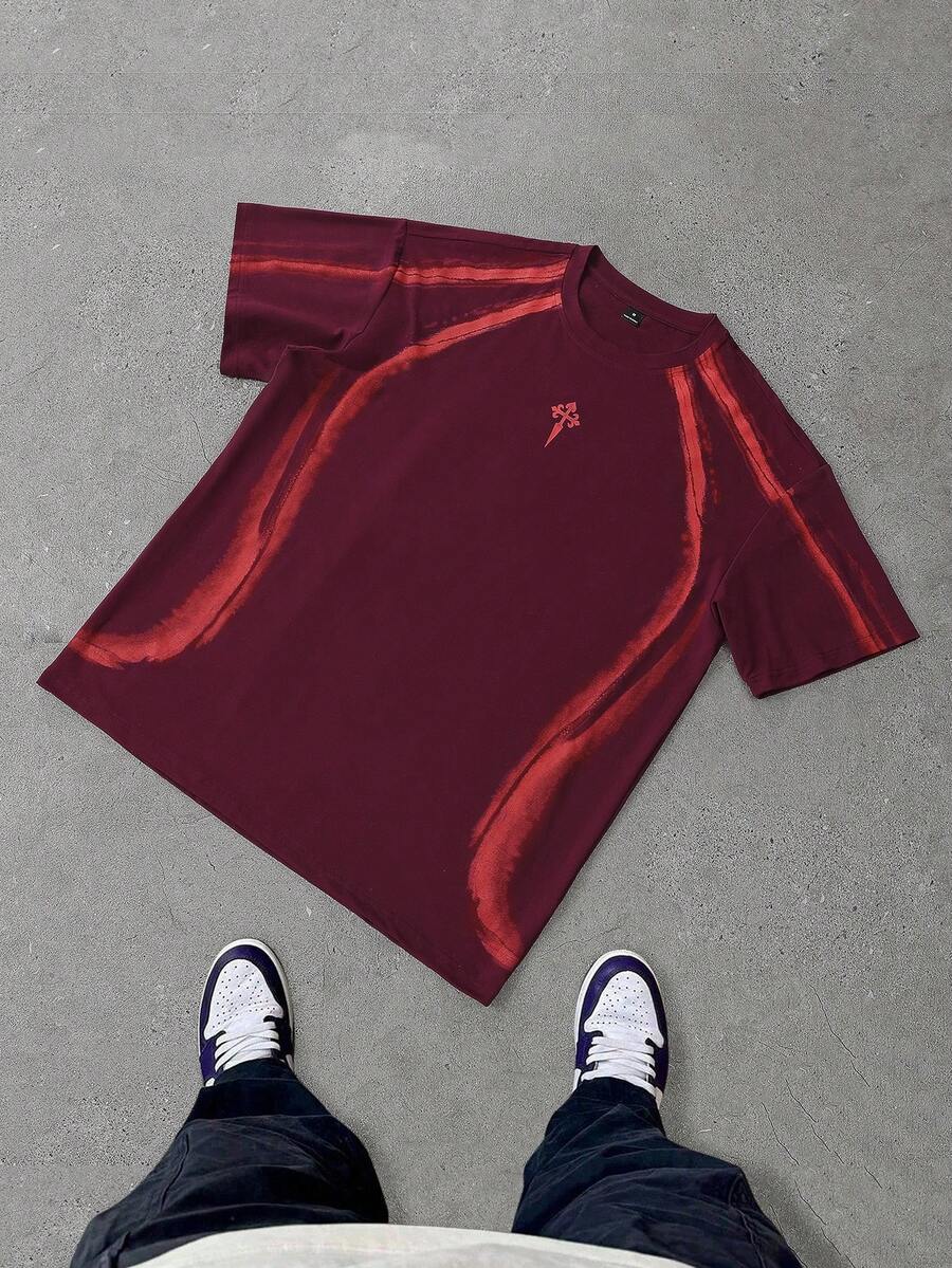 PAVTROS Men's Cross Print Casual Loose Fit Round Neck Short Sleeve T-Shirt - Burgundy - View 1