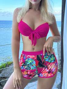 Swim Lushoire 熱帶印花增壓比基尼套裝搭配和服，夏季沙灘 - 玫紅色 - 查看 3