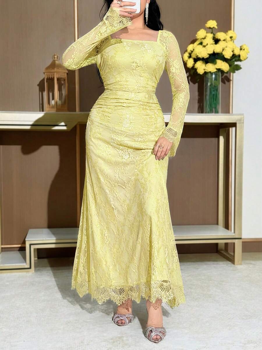 Feyla Women's Elegant Solid Color Lace Dress - Pale Yellow - View 1