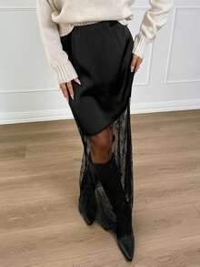 Siren Gaze Women's Elastic Waist Fashionable Elegant Lace Patchwork Skirt - Black - View 4