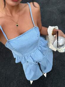 Siren Gaze Women's Casual Denim Camisole Top With Ruffle Hem And Denim Pants Set, Summer - Light Wash - View 1
